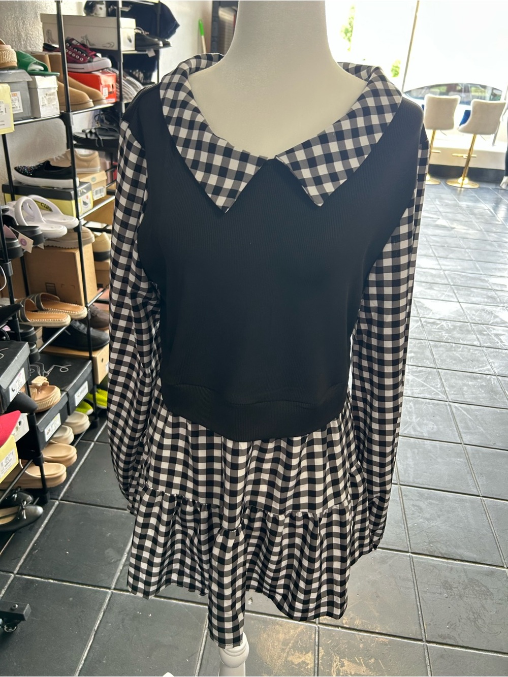 Black & White Gingham Mini Dress with Knit Bodice
